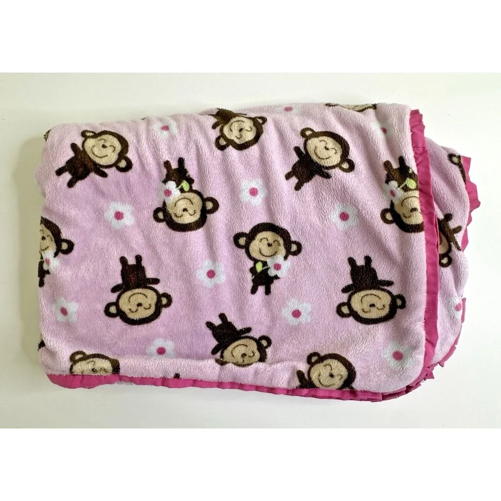 Carters Pink Sherpa Monkey Baby Blanket Flowers Smiling Hard to Find